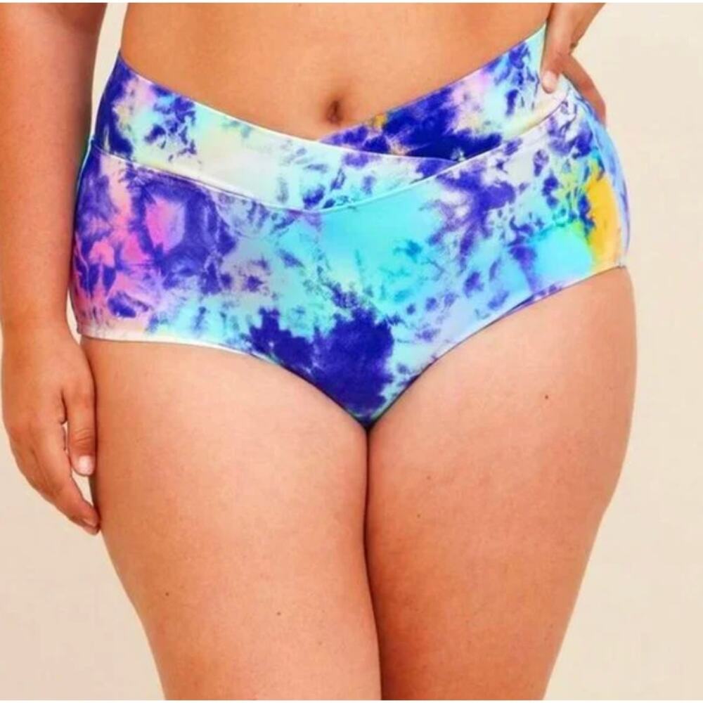 NWT TORRID SWIM BOTTOM - TIE DYE - HIGH WAIST WRAP - BRIGHT PASTEL BLUE & PINK 0